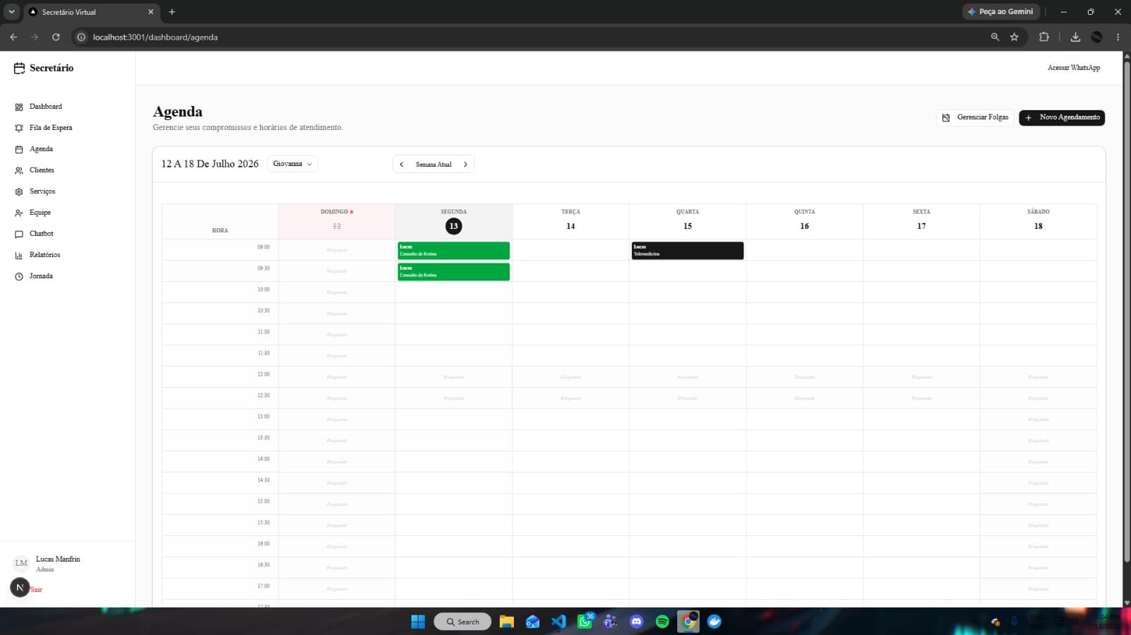 Agenda semanal do Secretário Virtual, com compromissos e filtro por profissional