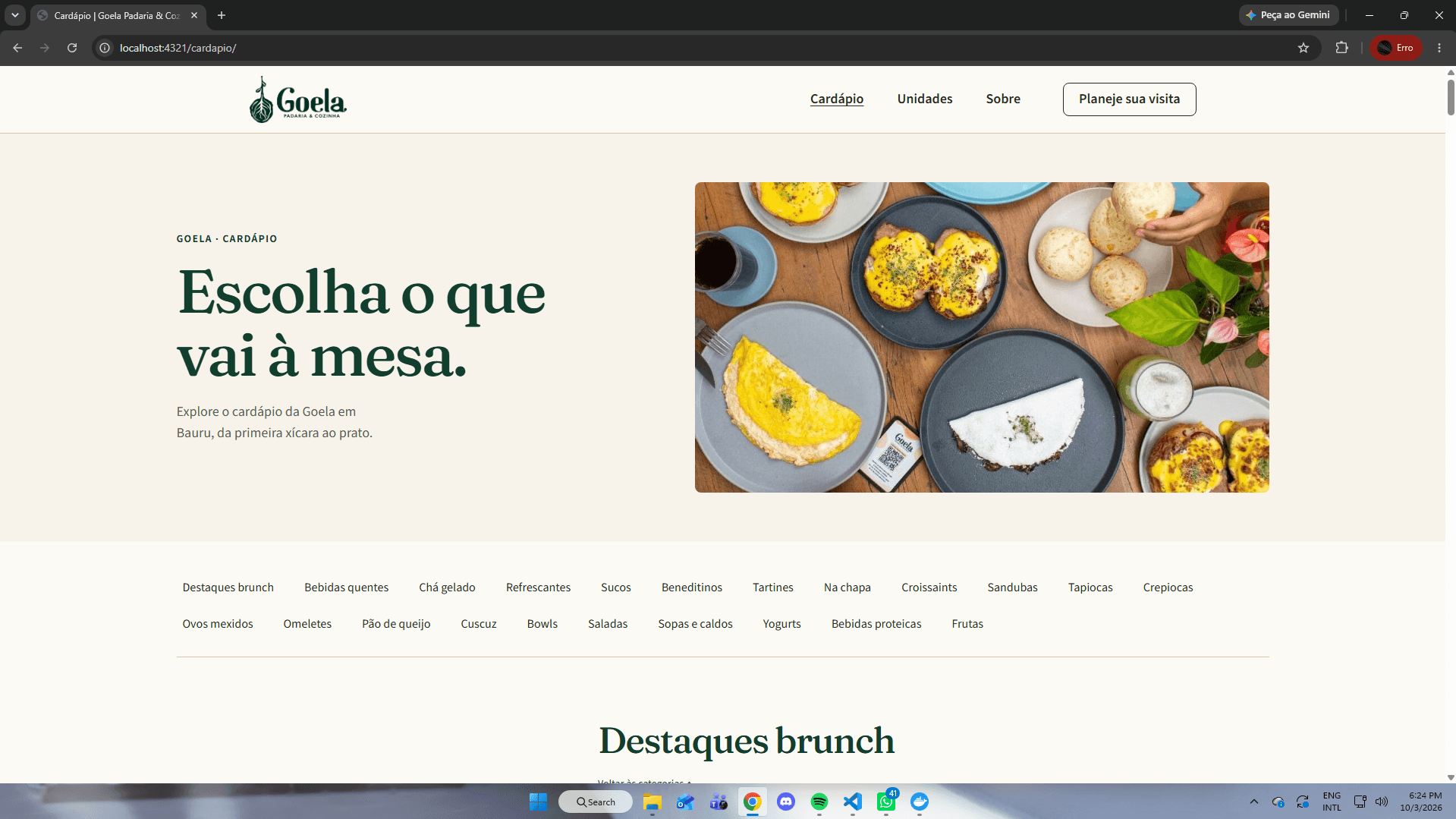 Cardápio do estudo Goela com categorias navegáveis em HTML