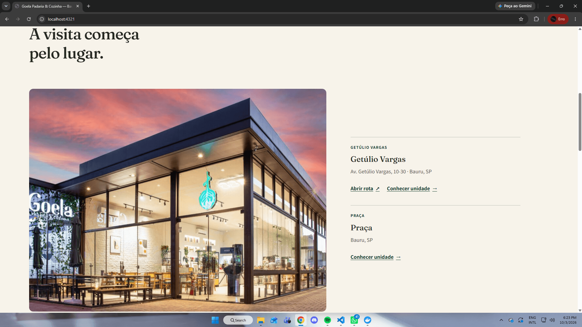 Seção do estudo Goela que apresenta as unidades e os caminhos para planejar uma visita