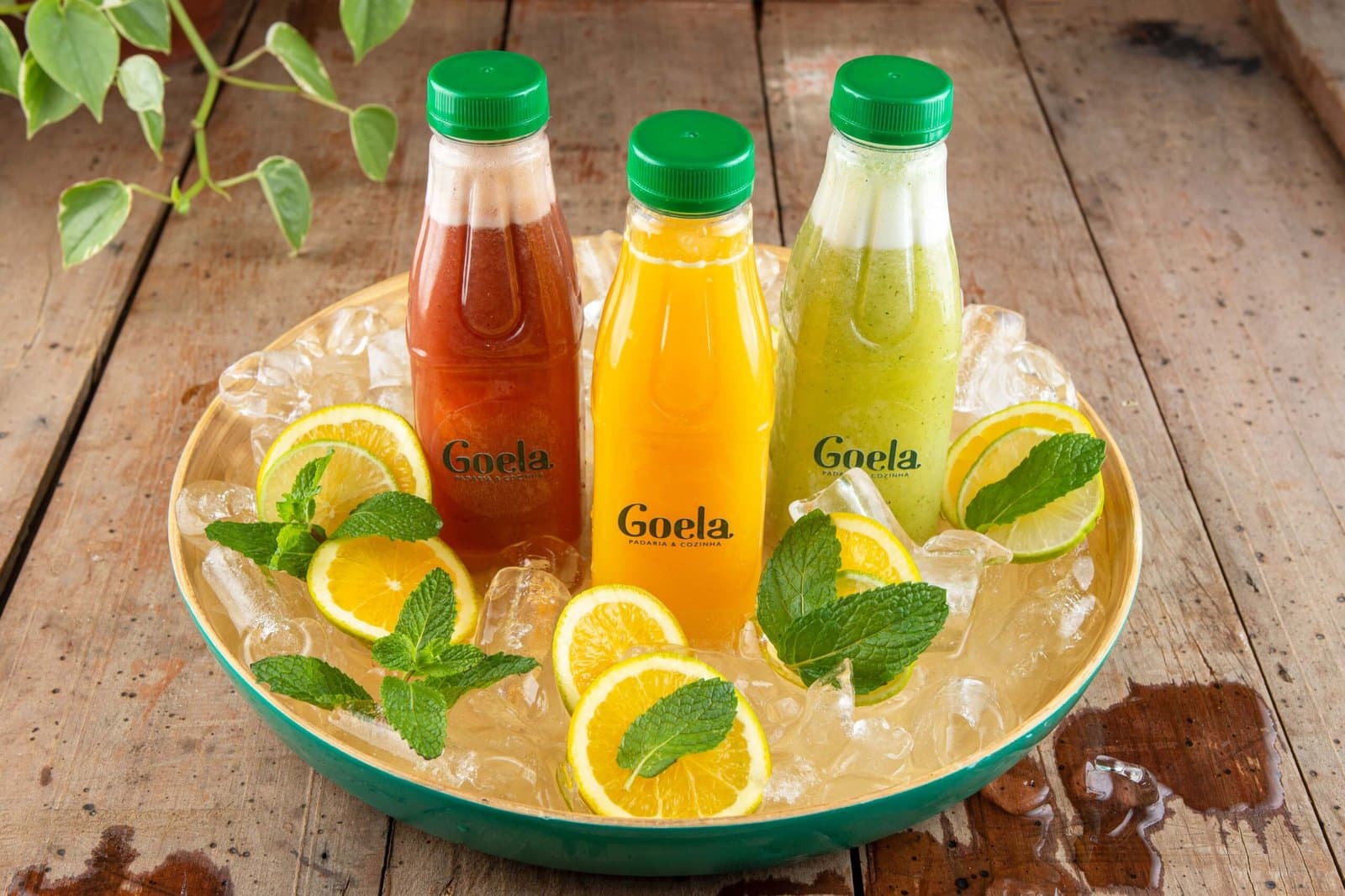 Três garrafas de sucos da Goela sobre gelo e frutas cítricas