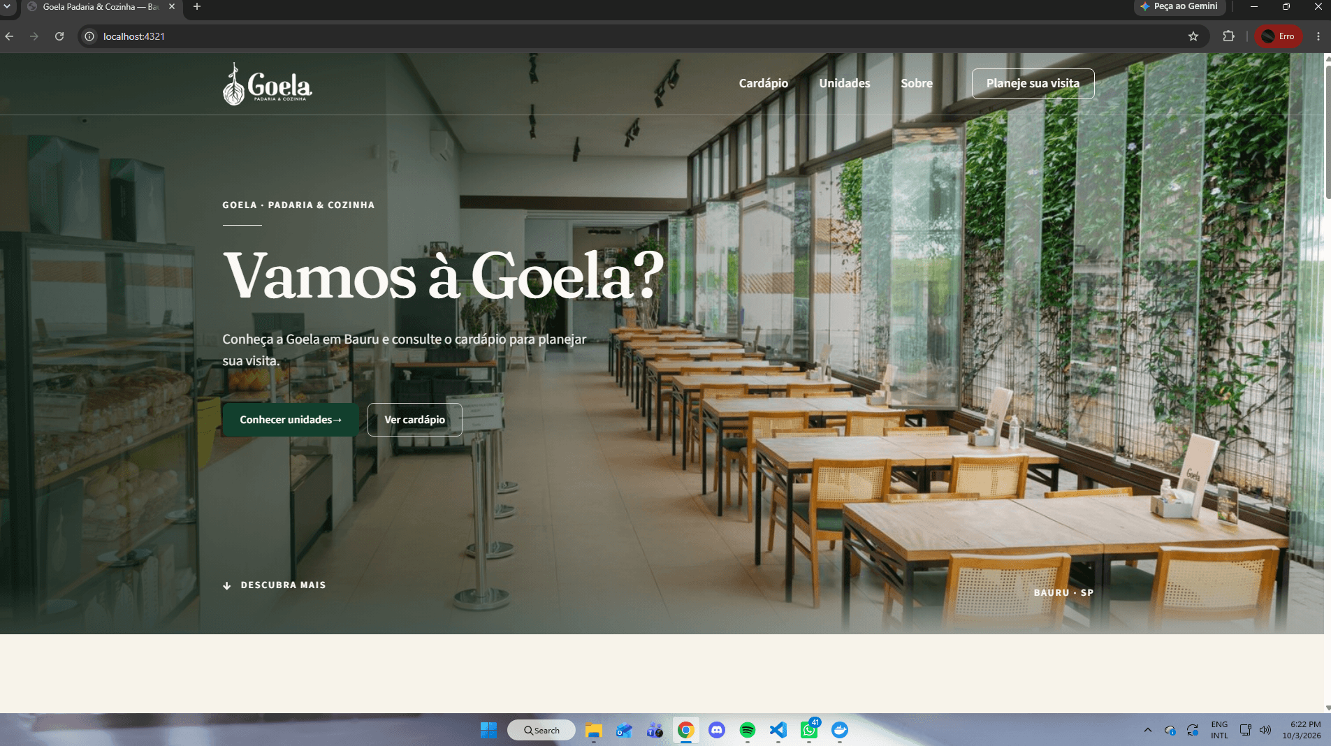 Proposta de página inicial da Goela, com fotografia do ambiente e chamada para visita